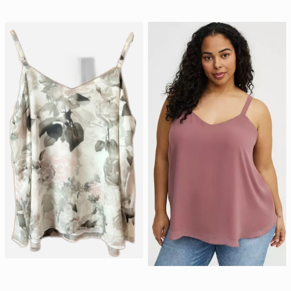 Two New Torrid Sophie Chiffon Swing Camis, 2X  Dark Taupe & Floral Cloud Dancer